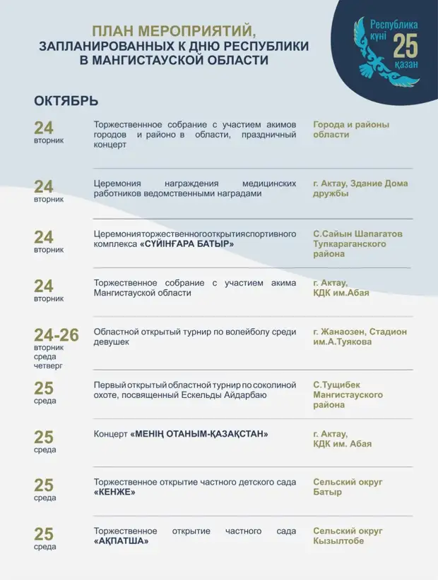 Какие мероприятия пройдут в Мангистау в честь Дня Республики