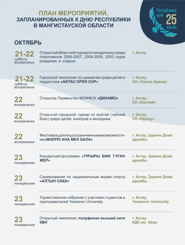 Какие мероприятия пройдут в Мангистау в честь Дня Республики