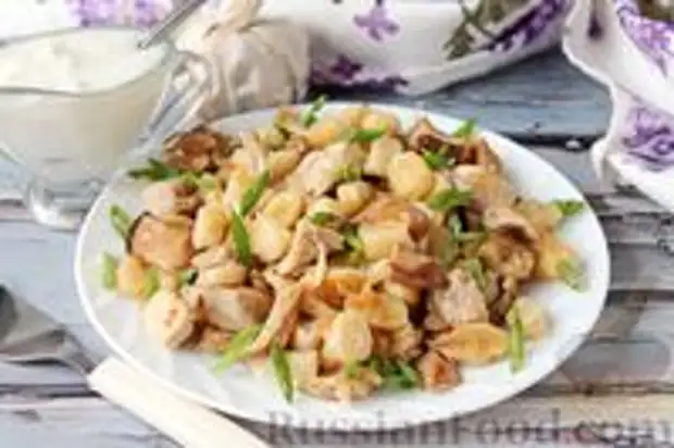 Фото к рецепту: Галушки с курицей, грибами и луком