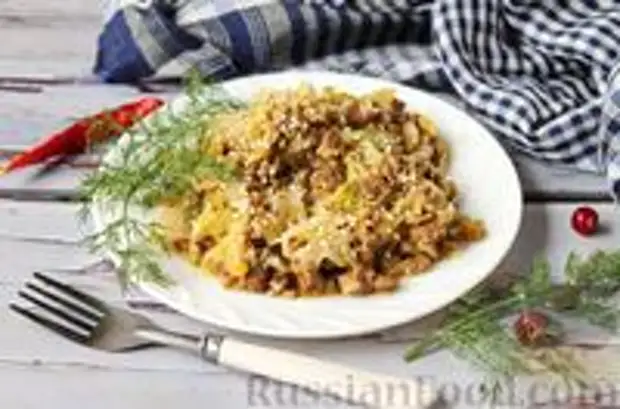 Фото к рецепту: Молодая капуста с говяжьим фаршем, яйцом и соевым соусом (на сковороде)