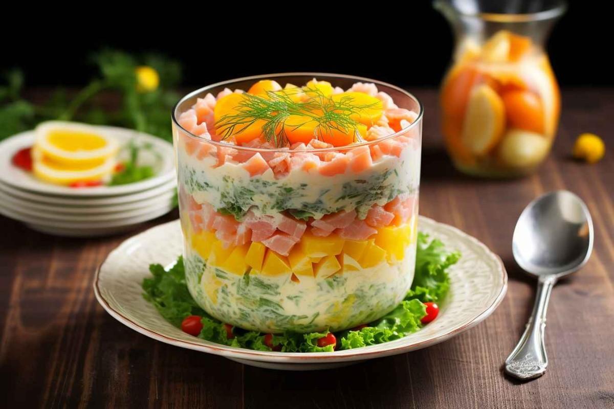  Рецепт номер 2: Слоеный салат с морепродуктами 