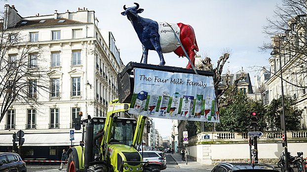 Десятки молочников устроили протест напротив здания парламента в Париже