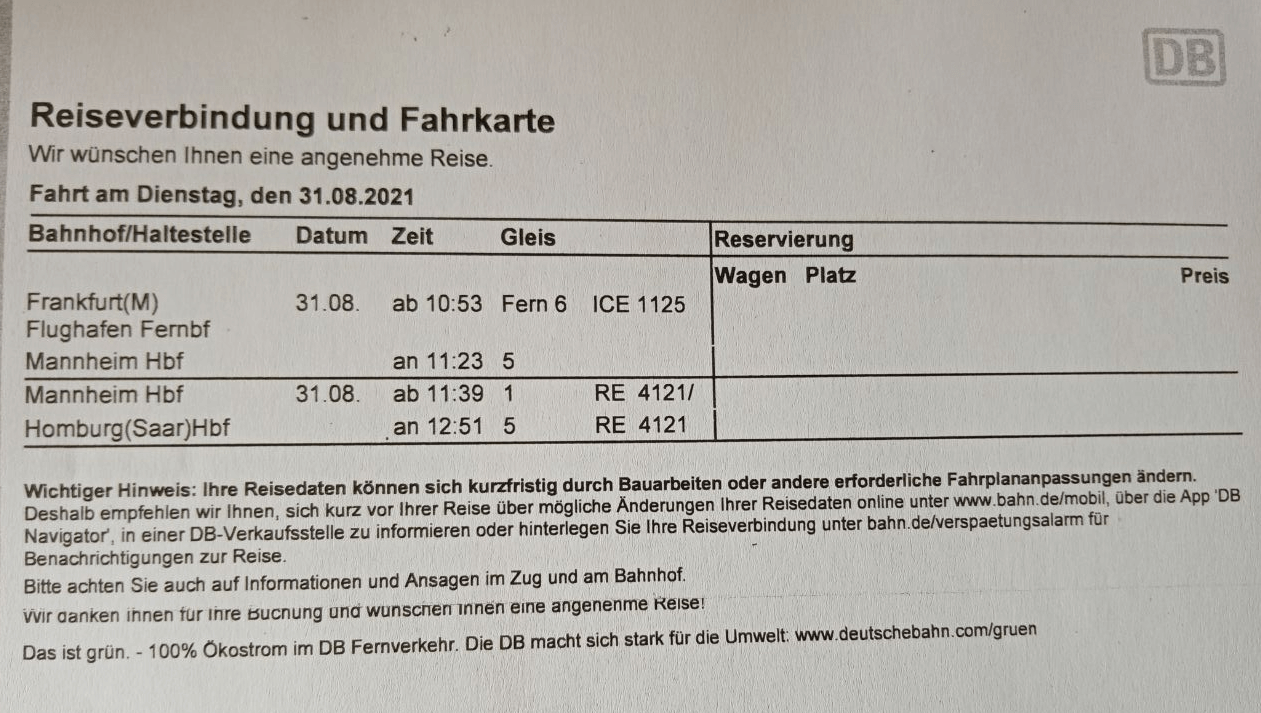 Fahrplan для поездки до Хомбурга