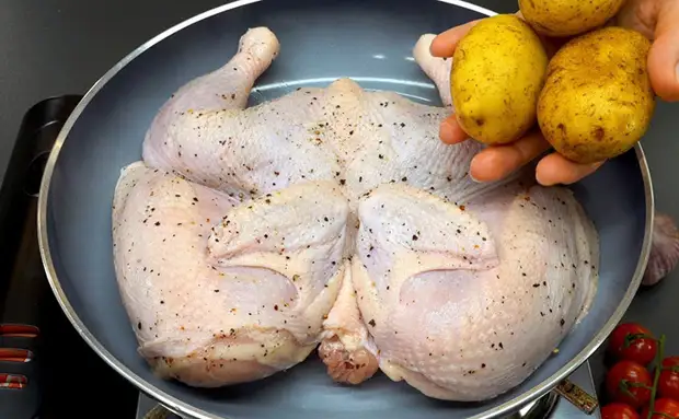Курица-тапака по ускоренному рецепту: сковорода плюс духовка на 10 минут. Подсмотрели у турецкого повара0