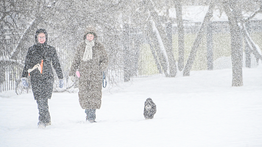  Люди идут по Ленинскому проспекту во время снегопада