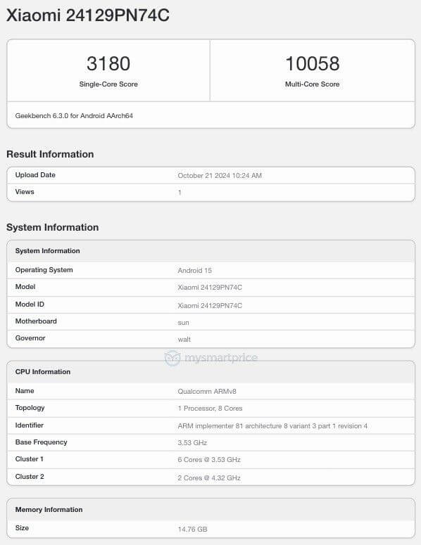 Xiaomi 15 на Snapdragon 8 Elite и Android 15 протестировали в Geekbench2