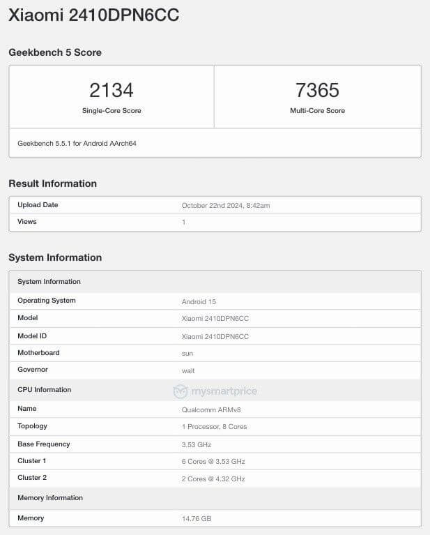 Xiaomi 15 на Snapdragon 8 Elite и Android 15 протестировали в Geekbench1